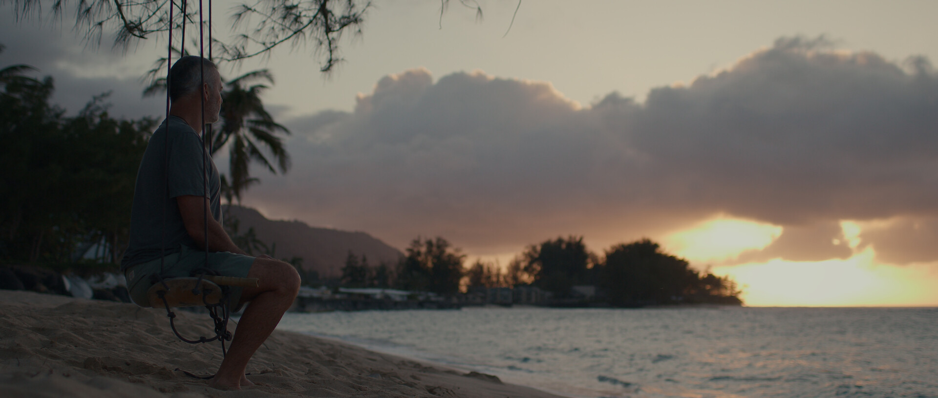 a man on a rope swing on a beach watching a sunset